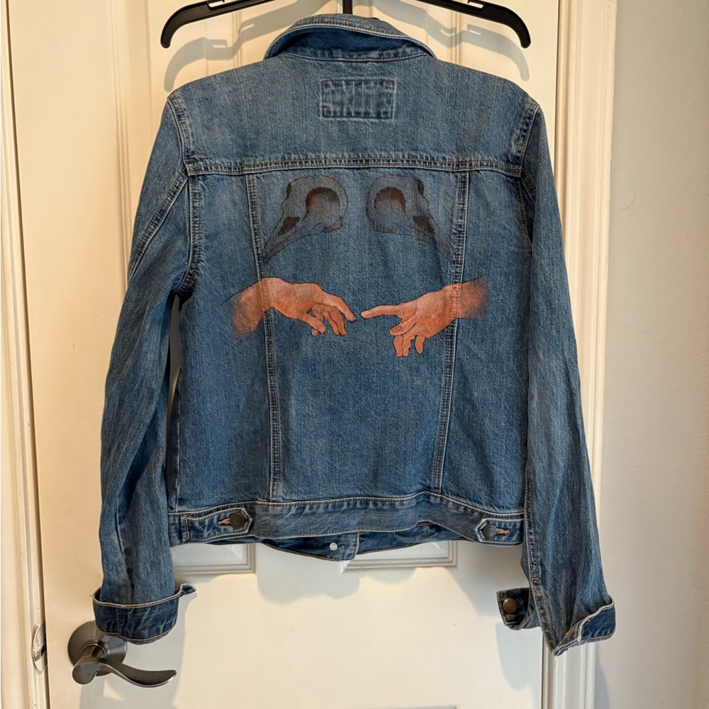 LOFT Blue Denim Jacket with Edgy custom Creation of Adam illustration